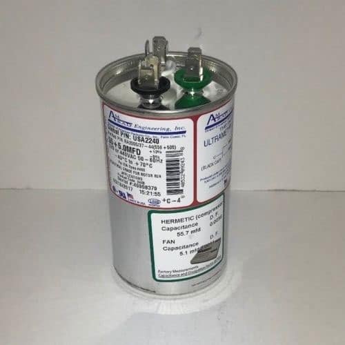 5 uf / Mfd Round Dual Universal Capacitor • AmRad USA2240 Made in the U.S.A. 55 used for 370 or 440 VAC 