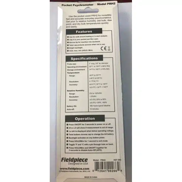 Fieldpiece Psychrometer PRH2 package back