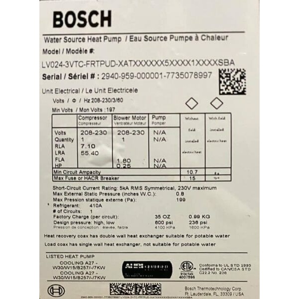 Bosch LV024-3VTC Ton Right Return Florida Heat Pump Water Source