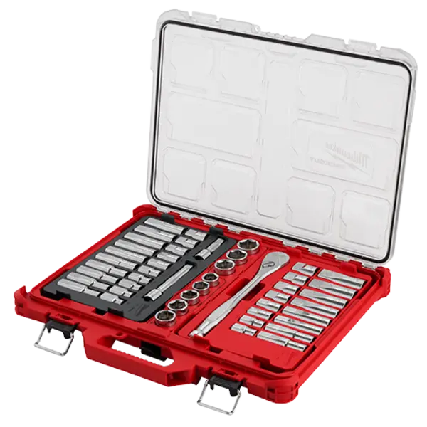 Milwaukee 48 22 9487t 47 Pc 1 2 Drive And Metric Ratchet And Socket Set Packout Trays Packaging