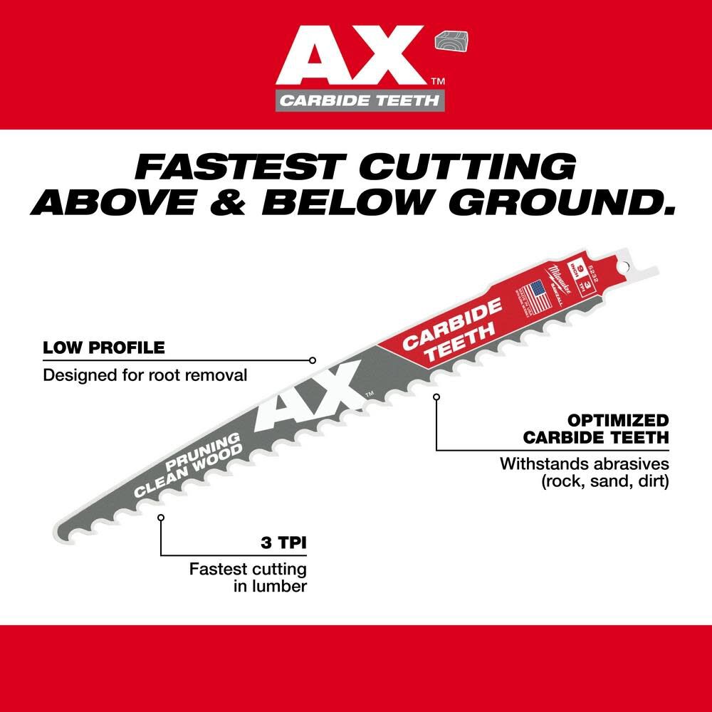 Milwaukee 12inch 3 TPI The AX with Carbide Teeth for Pruning & Clean Wood SAWZALL Blade 3PK - Image 6