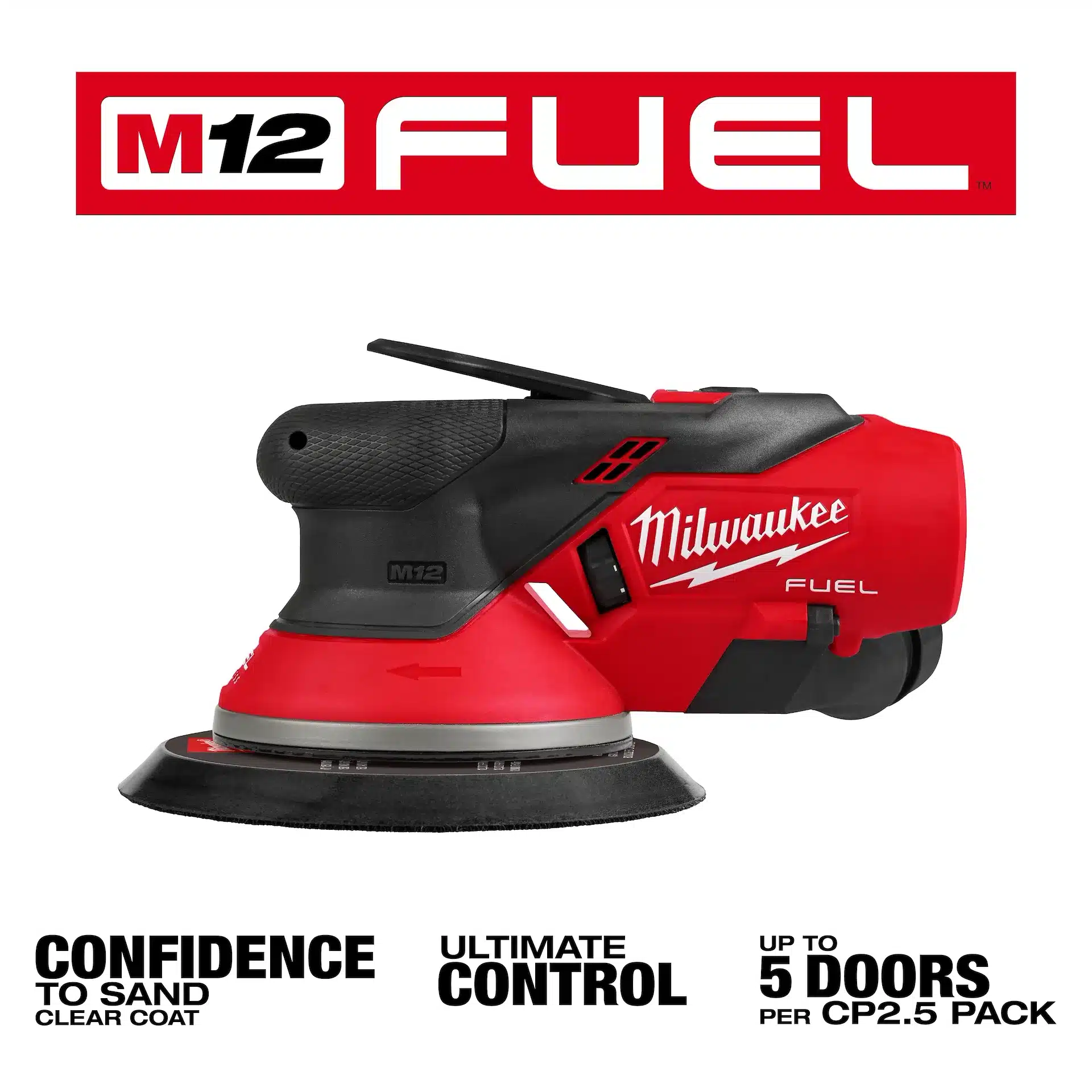 M12 FUEL™ 6” Random Orbital Sander – 3/32” delivers the power to confidently sand clear coat, ultimate control when removing clear coat, and delivers up to 5 doors per M12™ REDLITHIUM™ HIGH OUTPUT™ CP2.5 Battery Pack of runtime when sanding primer.
