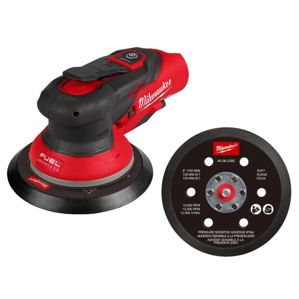 M12 FUEL™ 6” Random Orbital Sander – 3/32” delivers the power to confidently sand clear coat, ultimate control when removing clear coat, and delivers up to 5 doors per M12™ REDLITHIUM™ HIGH OUTPUT™ CP2.5 Battery Pack of runtime when sanding primer.