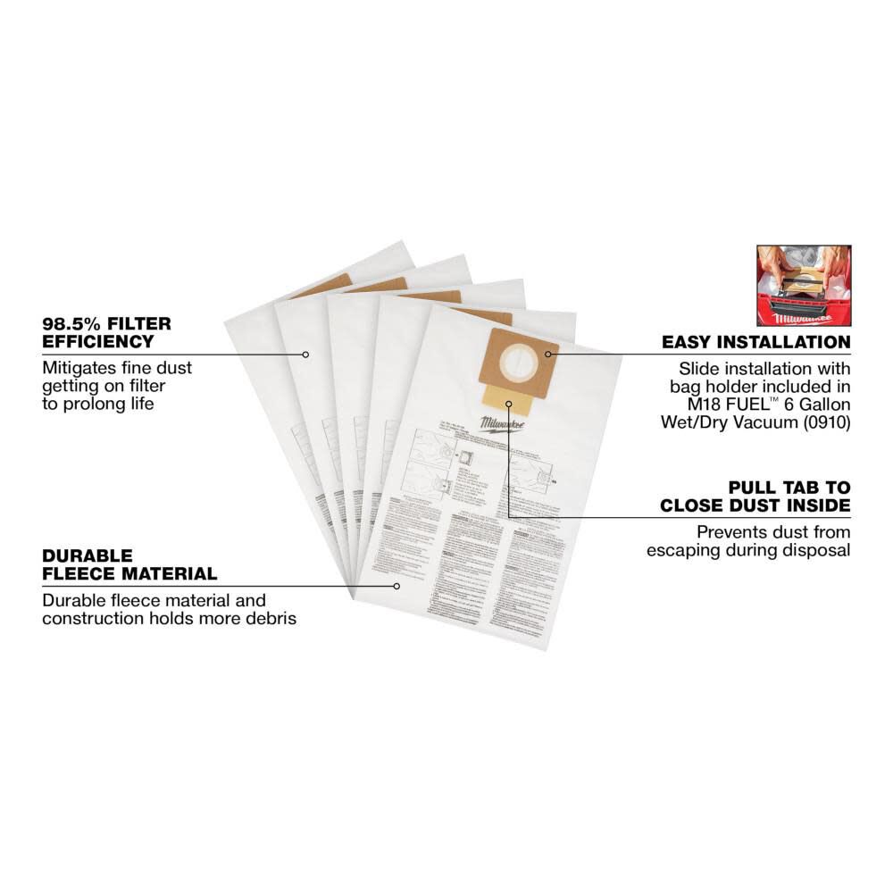 Milwaukee Fleece Dust Bags 6 Gallon 5pk - Image 4