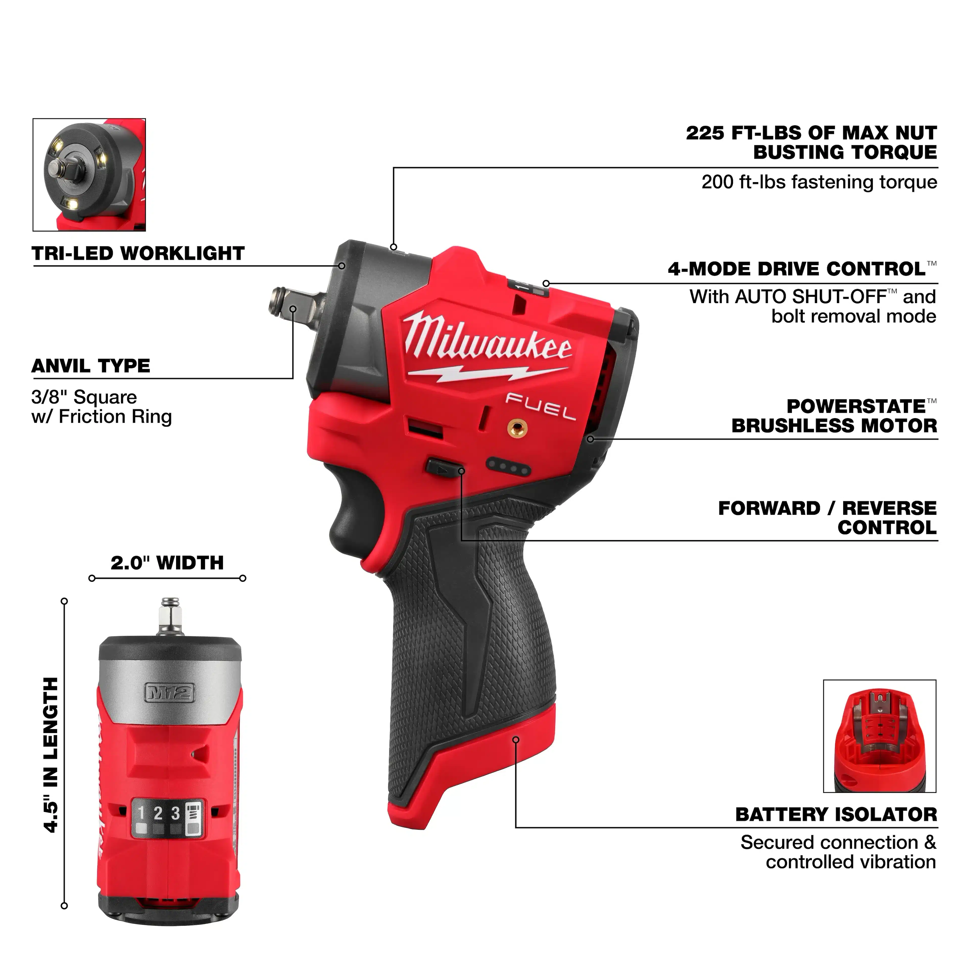 Our M12 FUEL™ 3/8” Subcompact Impact Wrench with Friction Ring delivers the Best Underhood Access for all automotive applications. Measuring 4.5” in length and 2.0” in width, this Subcompact Impact Wrench fits into the tightest spots, minimizing the time spent on removing additional components under the hood.