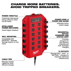 Our Power Manager for 15-amp branch circuits allows users to manage a larger number of M12™, M18™, and MX FUEL™ chargers to charge more batteries. Our Power Manager enables users to maximize the capabilities of their electrical infrastructure and avoid tripped breakers.
