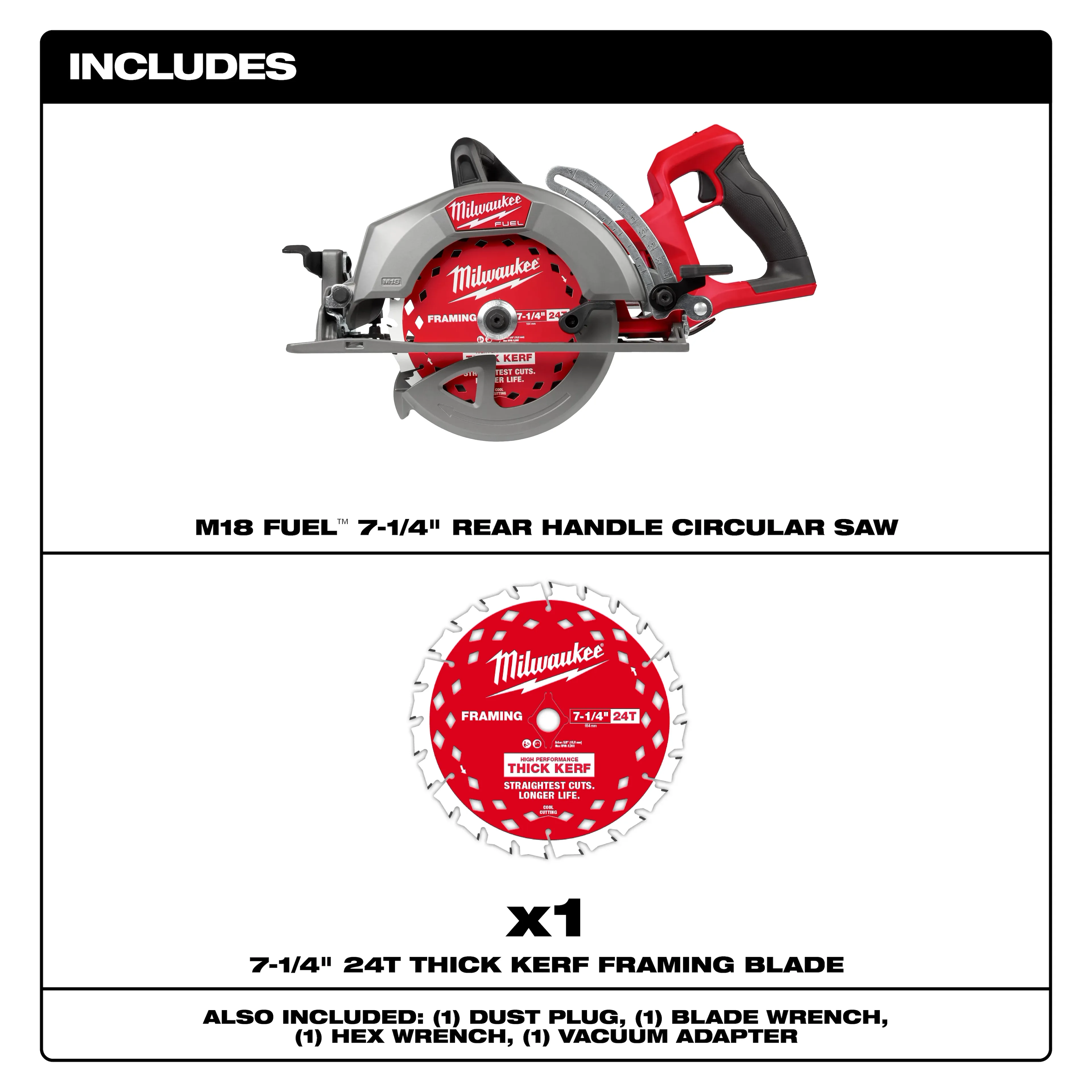 Designed for the professional carpenter, remodeler, and general contractor, the M18 FUEL™ 7-1/4" Rear Handle Circular Saw from MILWAUKEE® delivers class-leading performance. Utilizing the latest in cordless technology, this saw provides users with the power to complete more demanding applications and the cut speed to achieve greater productivity.