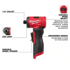 Our M12 FUEL™ 1/4" Right Angle Die Grinder the latest cordless right angle die grinder that delivers the performance and size professional service mechanics demand. The die grinder delivers 50% more power than pneumatic competition and features our POWERSTATE™ Brushless Motor Technology with improved torque.
