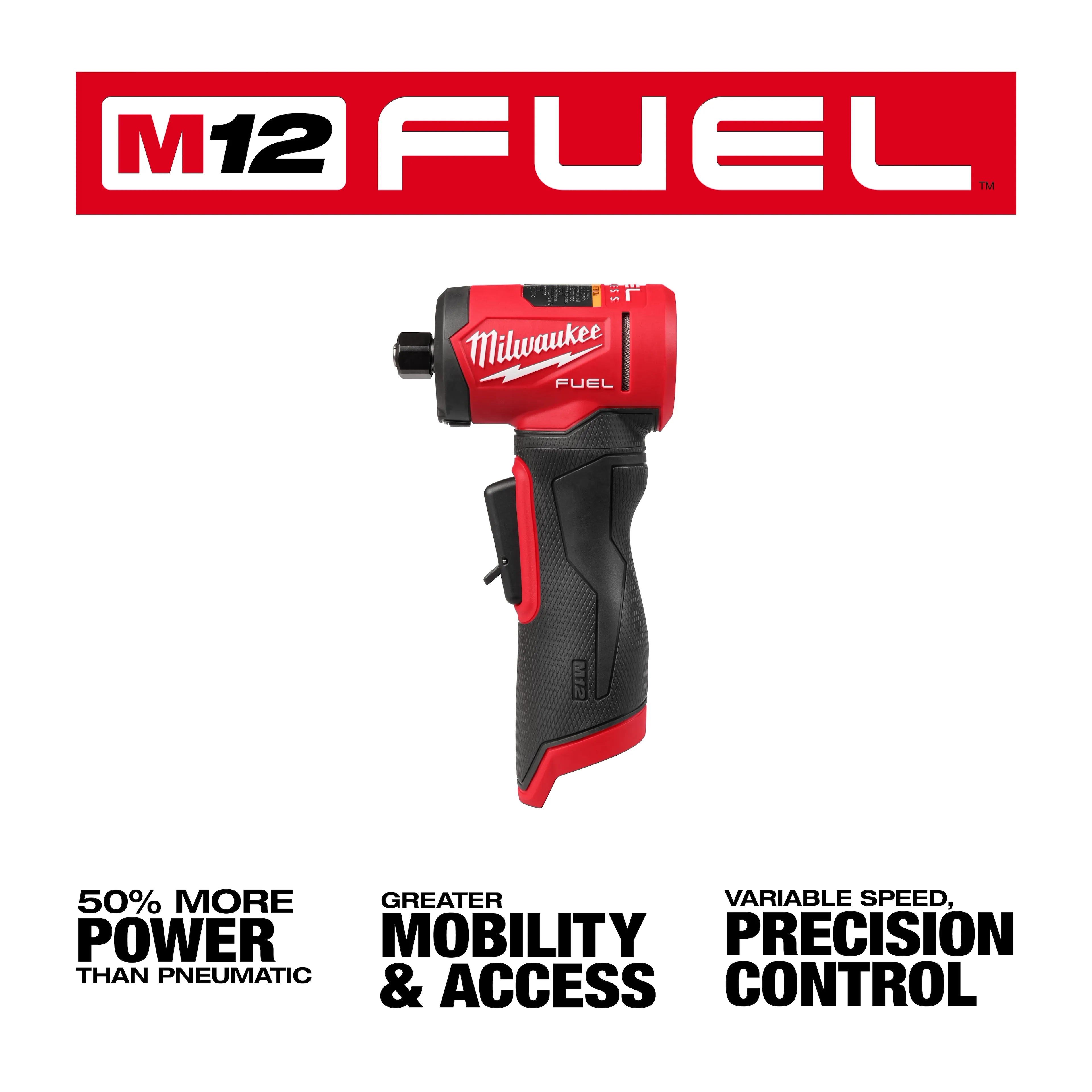 Our M12 FUEL™ 1/4" Right Angle Die Grinder the latest cordless right angle die grinder that delivers the performance and size professional service mechanics demand. The die grinder delivers 50% more power than pneumatic competition and features our POWERSTATE™ Brushless Motor Technology with improved torque.