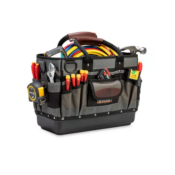 The TECH-TT tool tote has two exterior ‘shop walls’ and open access to all interior tool pockets. With a waterproof plastic base, the TECH-TT is designed for quick and easy access to hand tools as well as larger tools.